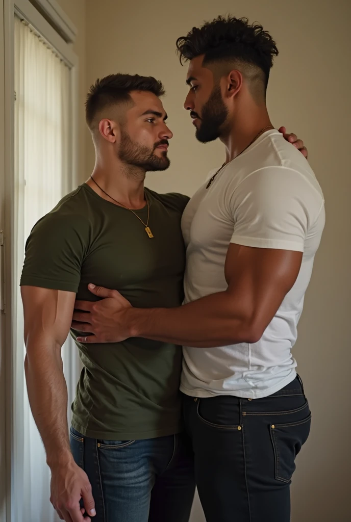 Photograph of two men hugging, touching your buttocks, with heavyweight bodybuilder cinematic light 75kg full muscle, Bigote grueso y trozo chino barbudo, hombres muy guapo. perfect body ratio,, hipermusculoso nalgon, realista, gray white jeans, backside bent over in doggy position, detailed