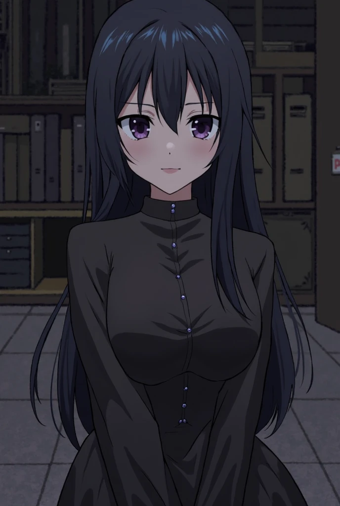 masterpiece, best quality, anime art style, shizuku, waist-length black hair, ponytail with bangs hanging over her forehead, red eyes, (((big breasts))), school uniform, (((full body))), (((cowgirl pose)))