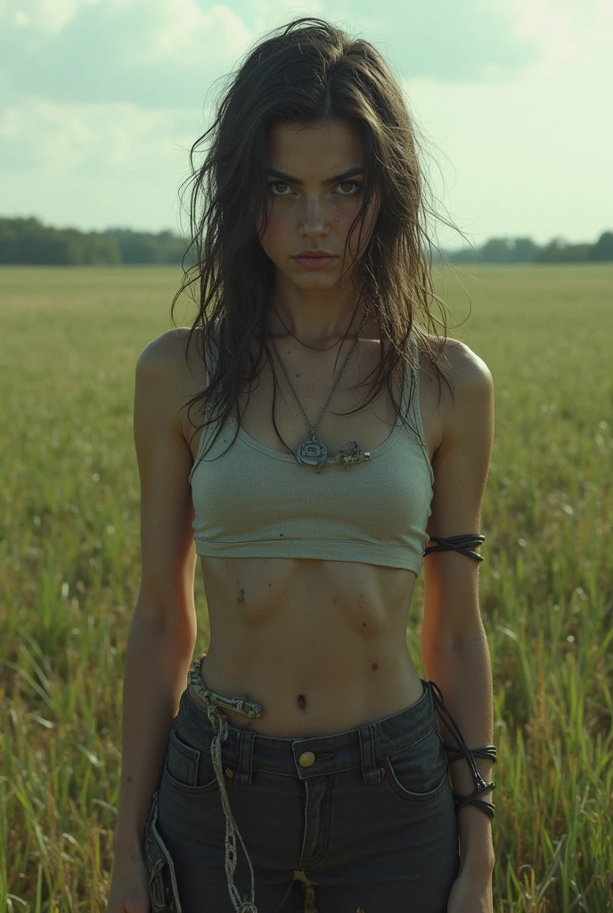 RAW photo, a close up portrait photo of  milla in wastelander clothes, long haircut, pale skin, slim body, background is city ruins, (high detailed skin:1.2), 8k uhd, dslr, soft lighting, high quality, film grain, Fujifilm XT3<lora:Milla Jovovich v1.0:0.6>