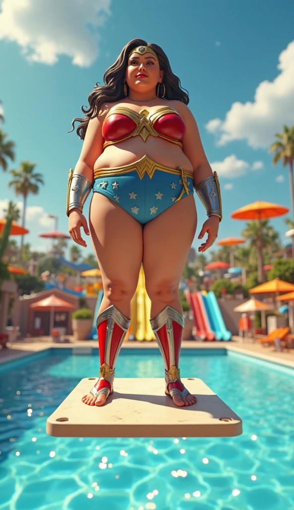 A fat woman wearing red stripes overall doing trapeze swing
