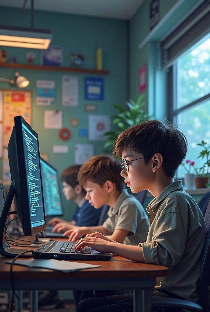 Computer Operater A Boy And siting the table and education invarmet this image can you send this image png file