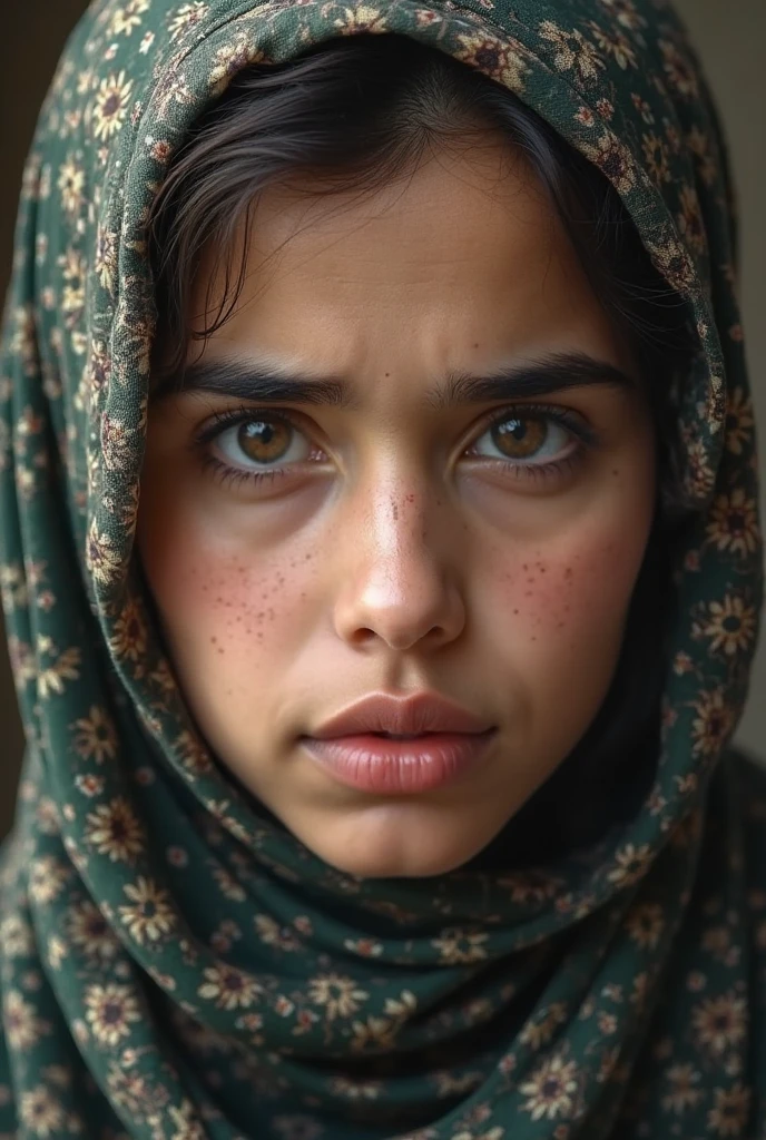woman with red scarf with soft red floral pattern and green eyes in front of a fuzzy green wall, with slight vertical creases, the eyes of sharbat gluttony, Afghan girl, Steve McCurry style, inspired by Steve McCurry, portrait of Steven McCurry, Steve McCurry and Irakli swim, by Steve McCurry, innocent look. rich bright colors, aerochromatic eyes, girl with white eyes,