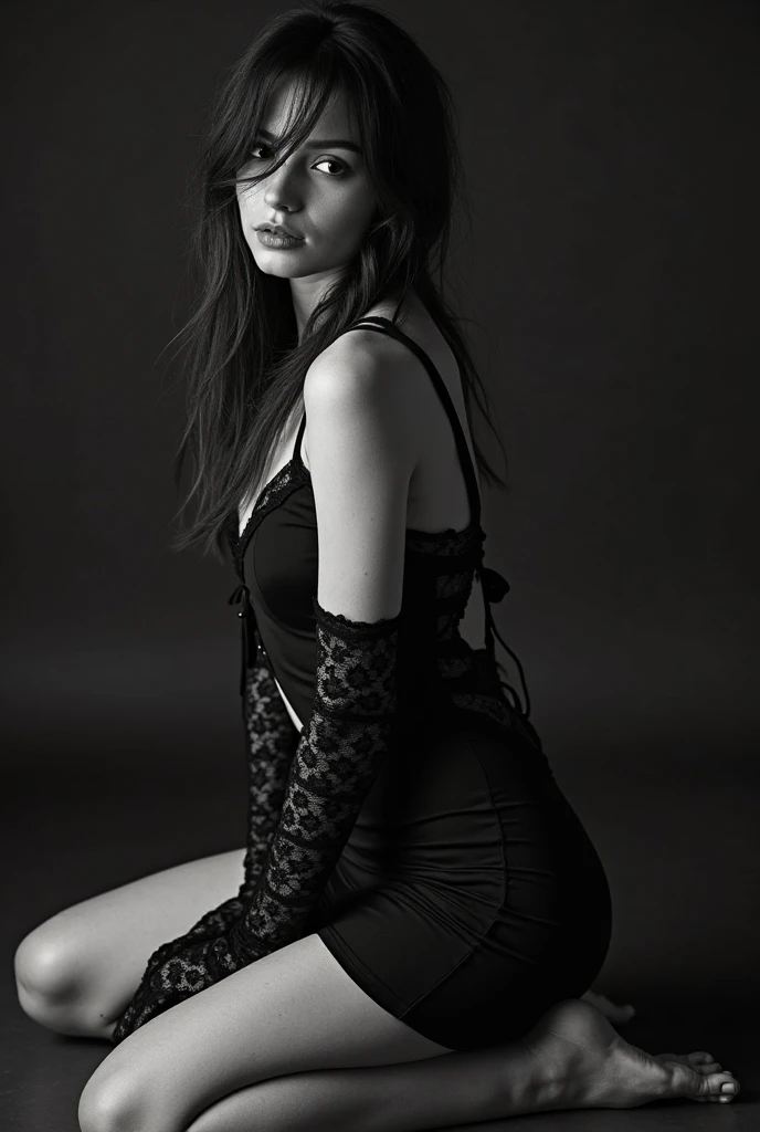 (Best quality, ultra-high definition, monochrome: 1.1), Fine art photo, Instagram post, modeling photography, young woman, lying on the floor, dressed in a black dress shaped like The Crow, black and white, by Emma Andijewska, intricate details, shallow depth of field, studio shoot, promo shoot, 2 year old female model, 4 year old female model, matte finish --S2-- auto--s2, glamorous pose, elegant and mysterious expression, intricate lace-up detailing on the dress, dramatic shadows, large format camera, classic film texture, HDR contrast, high concentration of silver halide particles in the film emulsion, cin