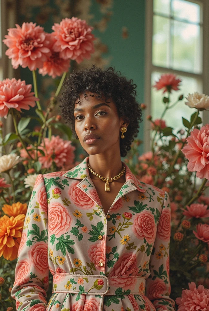 (medium full shot) of (radiant florist) young woman, black american, dark skin, brown eyes, Medium build, medium hazel bangs hair, wearing a pastel orange simple cardigan, linen jeans with floral accents, mary jane flats, eyeshadow, flower crown, set in  __cf-florist/location/greenhouse__, woman smiling, Masterpiece,best quality, photo, realistic, very aesthetic, detailed face,