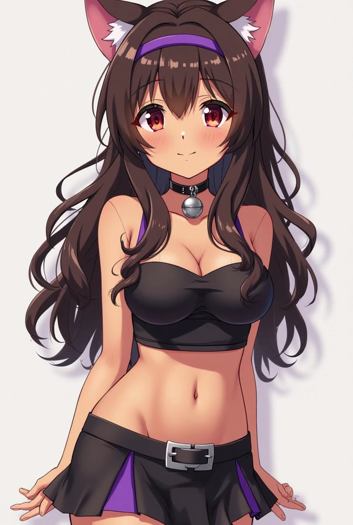 1 girl, (dirty brown skin:1.4), long hair, black eyes colour, Goth collar, goth outfit, shy, cute, (skirt lifting revealing panties:1.3)