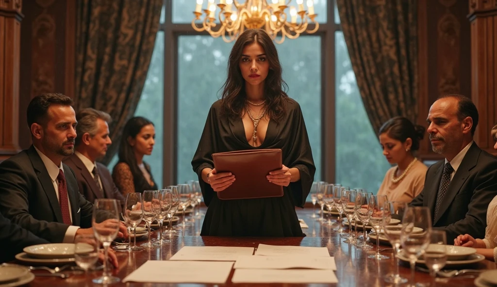 Give me an image of a mafia organization, There are 4 women and 3 men. The leader is a beautiful gothic woman in black