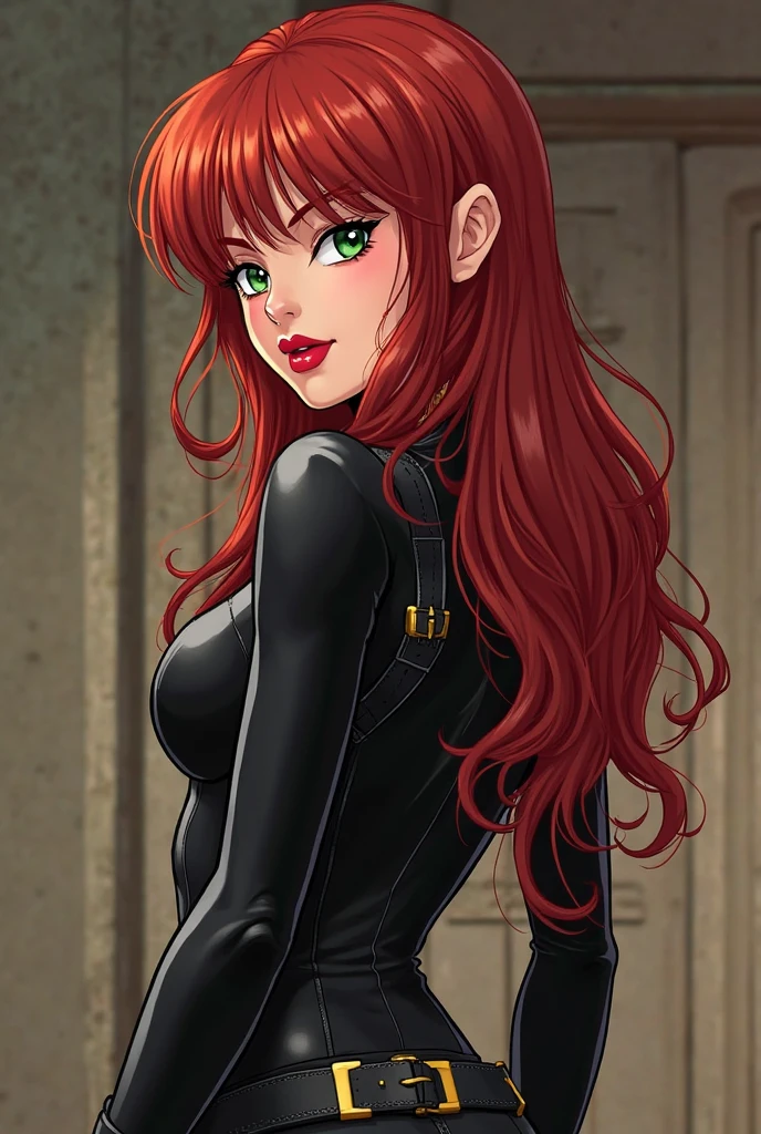 The image depicts a full-length depiction of the Marvel Comics character Black Widow. She has long, red hair and is wearing a sleek skin-tight shiny black latex bodysuit with a deep-cut zipper neckline revealing a large chest, the silver zipper running down the front. The suit is complemented by her silver wrist guard on both wrists and a belt made of silver around her waist. She is also holding two guns, one in each hand. 