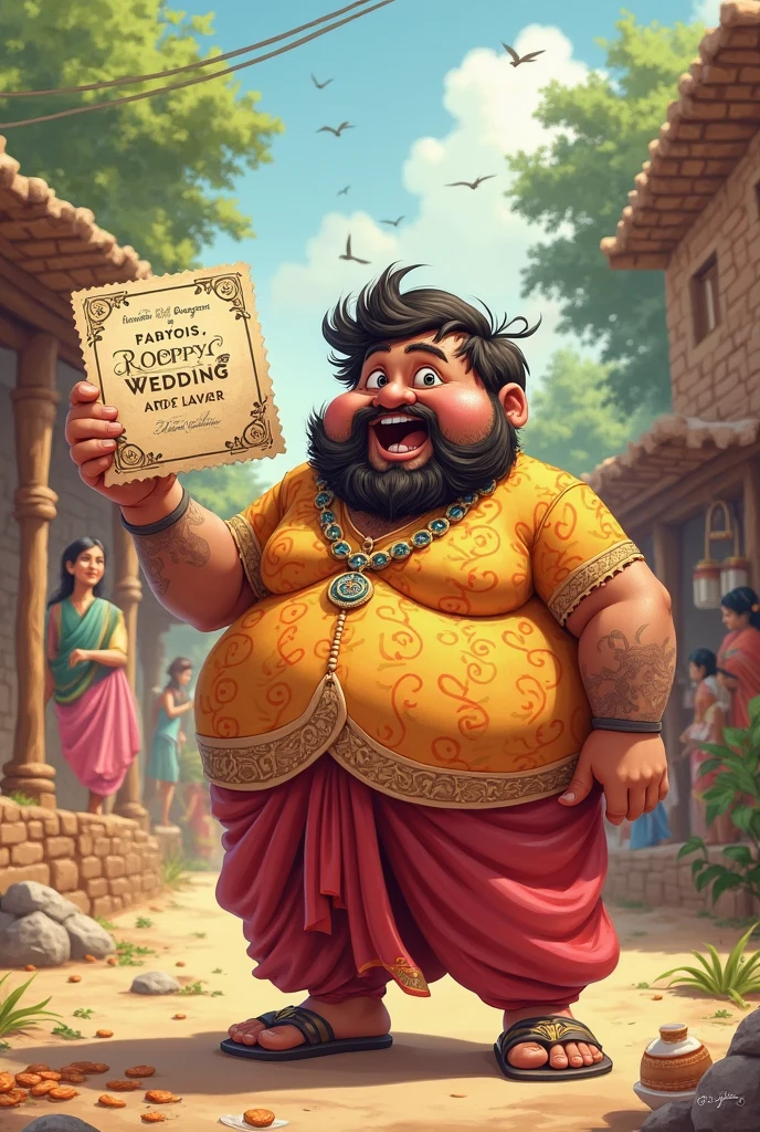 Create an image of Maveli, the Onam king, as a chubby man with only a prominent moustache and no beard. He should be wearing traditional attire, such as a richly embroidered dhoti and a crown. The background is a clothing shop and he is holding a blank poster