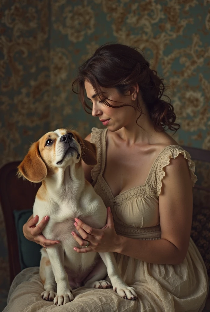 painting of a woman in a pink silk Victorian dress sitting on a couch with a beagle dog, konstantin razumov, ( ( konstantin razumov ) ), by Alexander Kucharsky, by Vladimir Novak, by Vladimir Borovikovsky, lovely languid princess, by Vladimir Baranov-Rossine, by Alexey Venetsianov