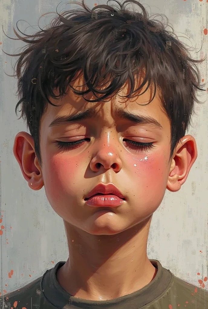 Create a figurative image of a painting of a quiet boy born in a noisy world, who doesn't speak but when he does, it is a wow. A contemplative scene where the boy's silence contrasts with the loudness around him. The background is intense, but the boy remains serene, almost blending into the calmness