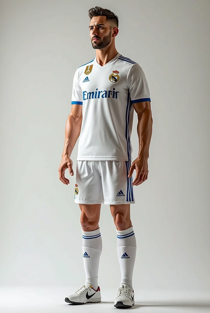 {{{Real Madrid}}}, light, {{Adidas golden line soccer jersey on white background}}, {{{best quality}}}, {{{realistic}}}, {{{Detailed facial description}}}, realistic 눈동자, {{handsome western man}}, realistic 유니폼 주름, football을 들고 있는, {{{Real Madrid}}}, {{{soccer stadium}}}, football