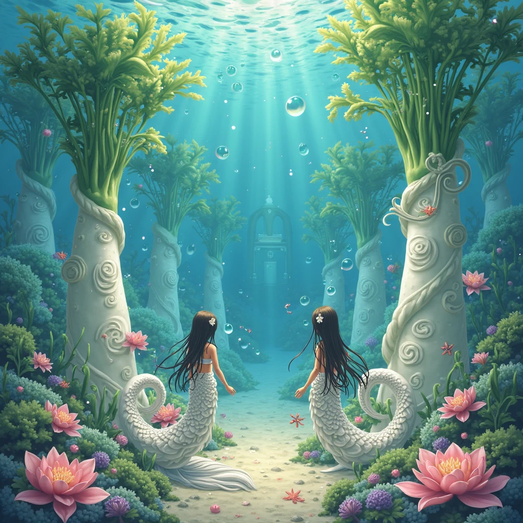 Fantasy underwater world, full of magical creatures and bright colors. There are lovely mermaids with long hair swimming around, with sparkling tails, rushing past unique origami jellyfish, emitting soft light, which illuminates the mysterious corners of this underwater kingdom. Mystical fish play in the water, shimmering with all the colors of the rainbow. There is an indescribable feeling of magic and peace floating around this magical landscape.."
