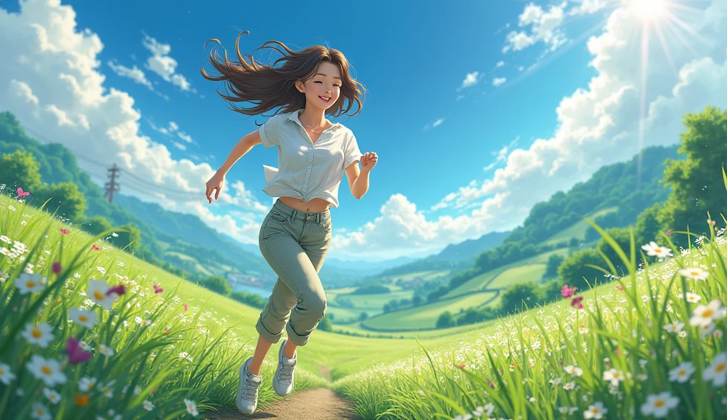 Watercolor, cute girl, brown short hair, smiling happily, running with open arms, green field single road, wildflowers, sun sunshine, --auto --s2