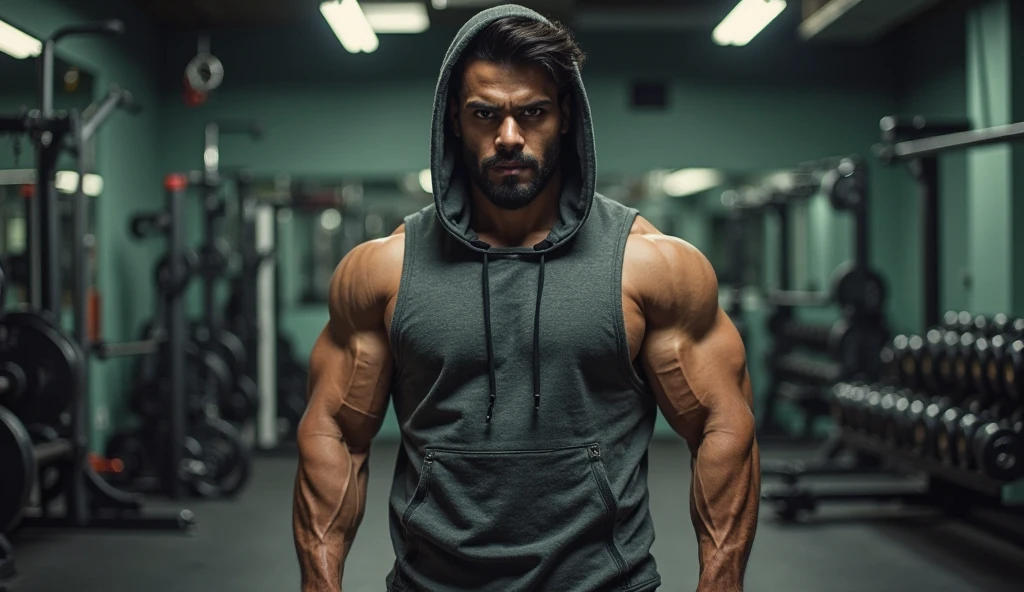 Very handsome,north Indian,22 year old man with muscular physique, wearing cargoes, smiling, in a well-equipped gym. There are multiple people in the background, engaged in various exercises and workouts. Gym equipment such as dumbbells, weight machines, treadmills, and exercise mats can be seen in the surroundings. The lighting in the gym is dim, creating a moody and slightly dramatic atmosphere. The photograph has an amateur quality, taken from a low angle to capture the subject's strength and determination.
