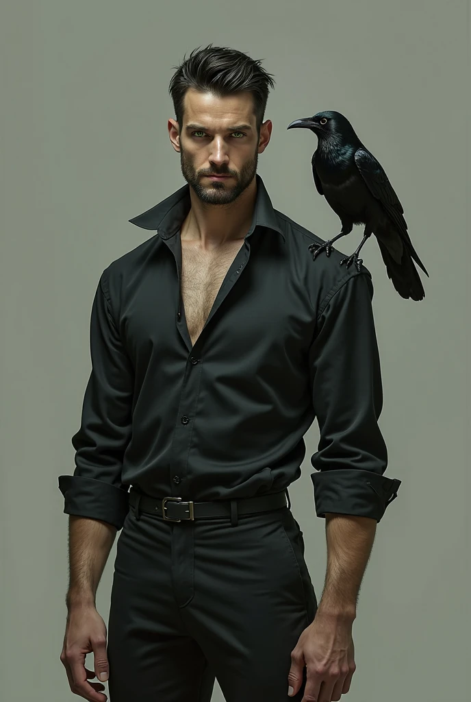Handsome and naked man holding a black raven. Mountains behind of him. Image must be inspired by stories of Edgar Alan Poe. Mistery image. Realistic. Photography.