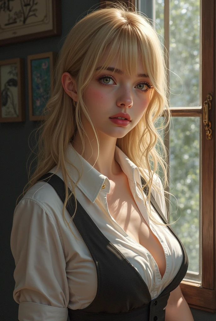 Best quality, masterpiece, ultra high resolution, (photorealistic: 1.4), sexy photo, 1girl light curly blonde hair, sexy mouth,eye-catching big breasts by neckline, open clothing with neckline, off shoulder, cinematic lighting,(Best quality, 8k, 32k, masterpiece, UHD: 1.2), photo of beautiful american teacher woman in glasses and earrings, long matted blonde hair, beauty face, (leaning forward: 1.3), squat, (top: 1.2), (close up: 1.4), POV, loose t-shirt, large breasts, (nice nipple slide: 0.9), in class, with your students MS, shiny skin, blurred background,