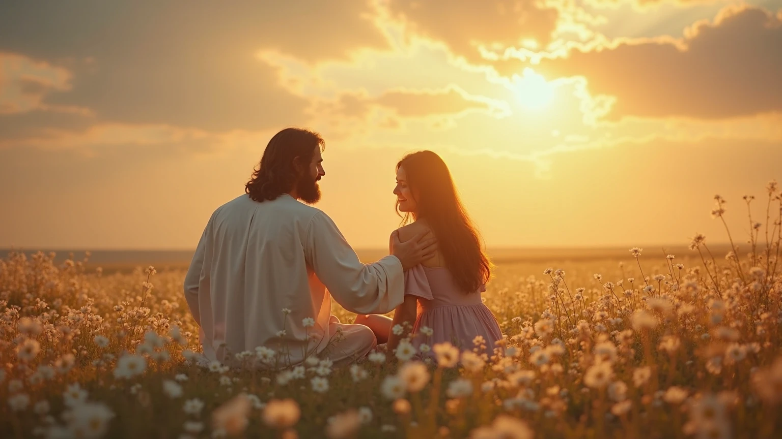 Dark-haired man and woman sitting on the grass hugging each other with the Bible in their hands in the background a landscape with mountains and sun