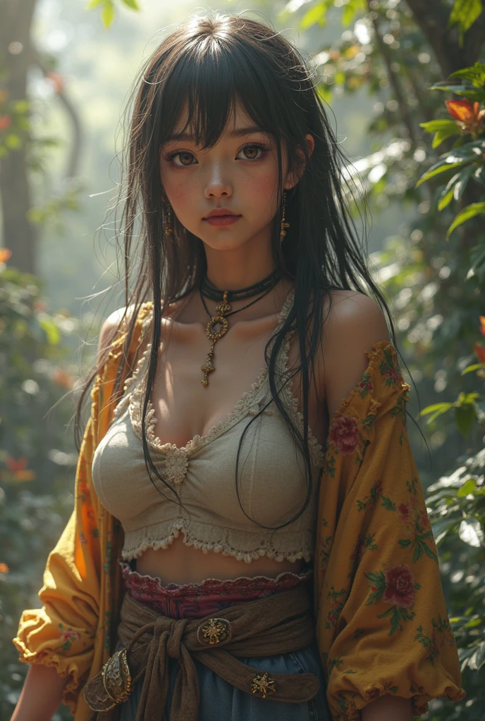 Random mood Chinese woman with showing clevage, seeing viewers, clutched in bamboo style bathroom tree towel stylish pose in a bamboos tree style bathroom, perfect anatomy, illustrative,DSLR, F/2.8, Lens Flare, 5D, 16k, Super-Resolution . realistic style, key visual, vibrant, studio realistic, highly detailed, painterly, detailed, UHD drawing, pen and ink, perfect composition, beautiful detailed intricate insanely detailed octane render trending on artstation, 8k artistic photography, photorealistic concept art, soft natural, hyperrealism slight 3d effect, Mysterious
