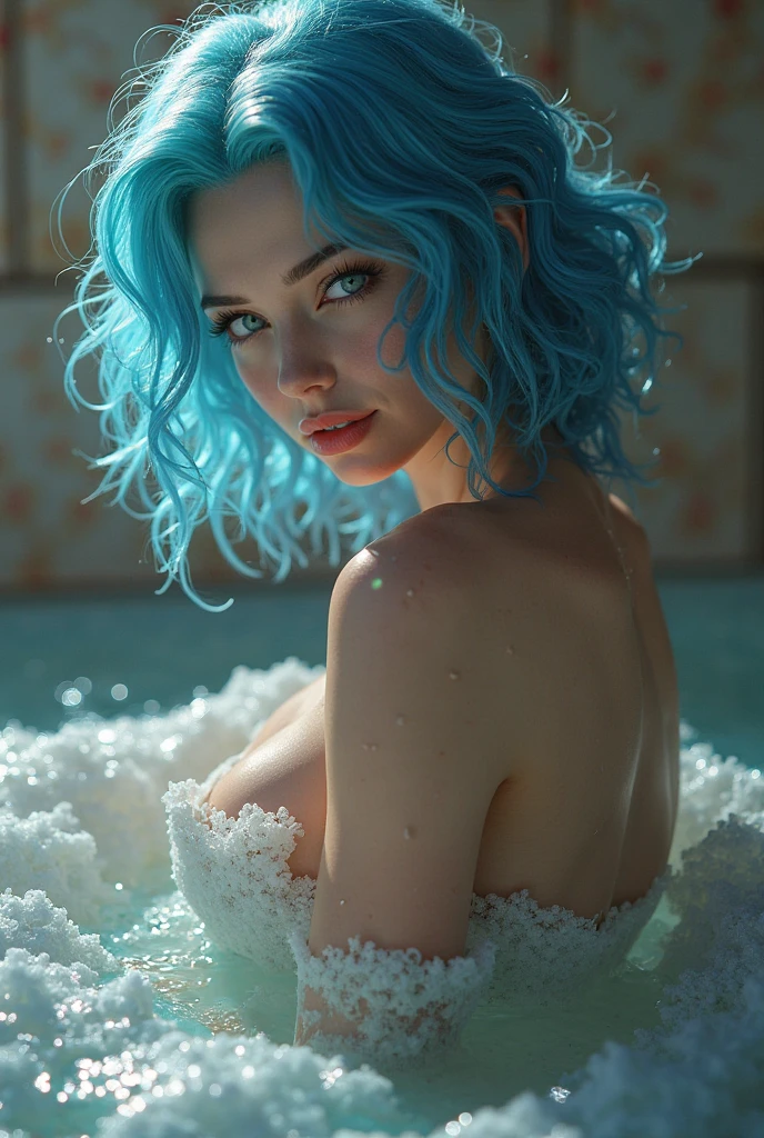 Generate a (hyperdetailed, realistic, Full Body), photo of Nia, (((turquoise color eyes))), (((long, silky, straight, Ombre blend of shimmering silver and celestial blue hair))), (((Position Nia with her long, silky hair styled in a messy bun hairstyle, strands framing her face delicately))), (fair skin:1.4), (((Massive round natural breasts with deep cleavage))), (Massive Breasts:1.8), (Greek and Russian mix ethnicity), (hourglass figure, perfect body, NSFW, perfect anatomy, masterpiece, best quality). Nia, wearing a messy bun with a few loose strands framing her face and soft, natural makeup, stands next to a luxurious clawfoot bathtub filled with rose petals. She gently runs her fingers through the petals, creating a serene and intimate moment. The chic bathroom features a white marble floor, light grey walls, and minimalist decor. Large windows and softbox lights provide a soft, flattering illumination. 8k, (Fit, Athletic, Tall), (Massive Breasts), (Highly detailed facial and skin texture), (Best quality, ultra detailed, Golden ratio, Masterpiece:1.2), (Theatrical lighting:0.7, Perfect rare face), (Highly detailed skin), skin texture, Pale skin, shiny skin, (thin, large size:1.2), [:(Sharp focus on rare face, perfect eyes:1.2):0.2], hyperdetailed photography, UHD, realistic skin texture, shot with Canon EOS 5D Mark IV and Canon EF 50mm f/1.4 USM lens, highly detailed.
