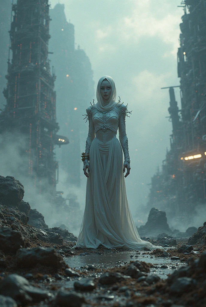 several people dressed in costumes walking down a street, cyberpunk robotic elvish queen, cinematic effects vfx, kaladesh, filmstill, “ femme on a galactic shore, roaming the colony, organic and robotic, concept image, gangsta robot --auto --s2
