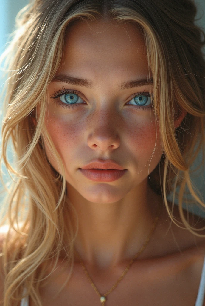 Beautiful 22 year old woman, German roots, bright dark blue-green eyes, blonde hair, hourglass figure, big, portrait, hyperrealistic
