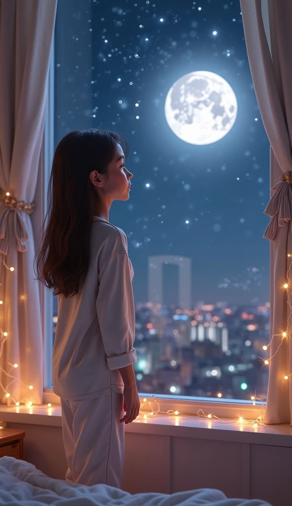 A big girl sits alone by the window, Dark Room, night
