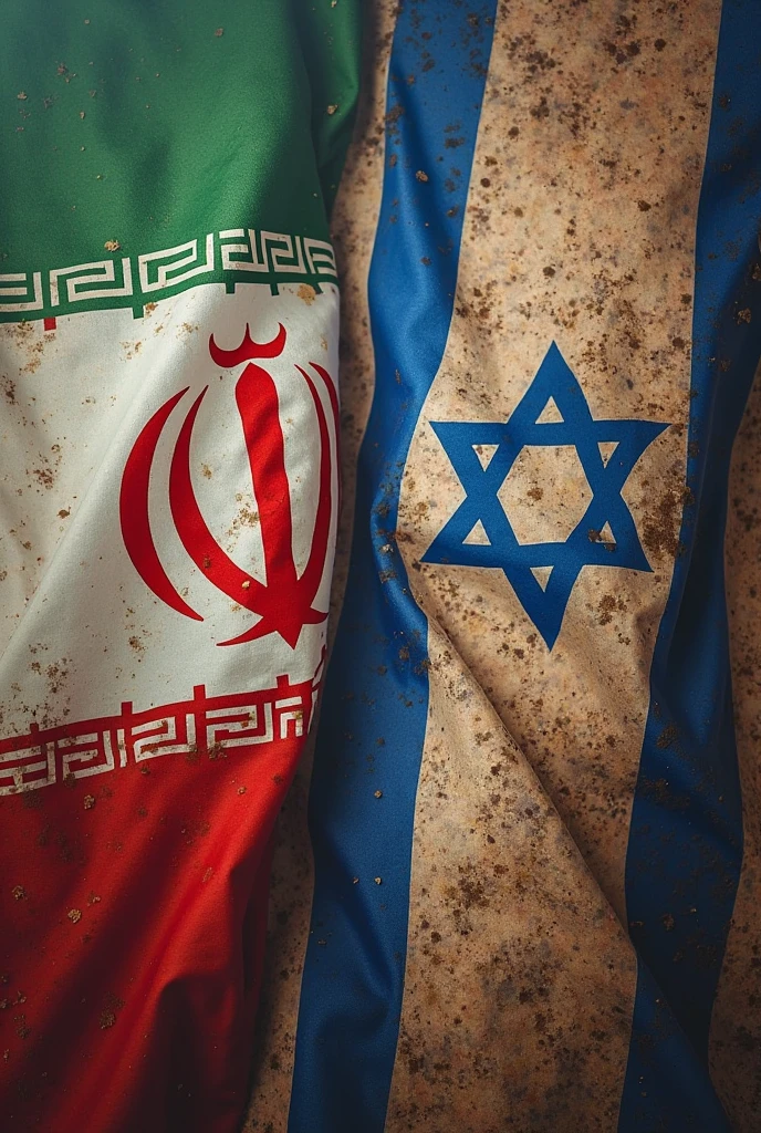 a close-up of two flags of different countries, israel, por Zahari Zograf, 🚿🗝📝, by Joseph Werner, islamic revolution, by Daniel Schultz, por David Rubin, Iran, por israel Tsvaygenbaum, 🕹️ 😎 🔫 🤖 🚬, inspired por israel Tsvaygenbaum, por Robert Jacobsen