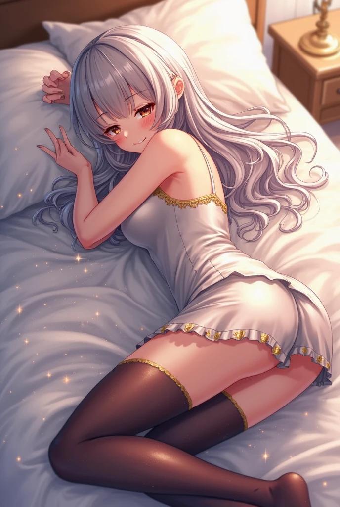 (8k, 最high quality)、超High resolution、adorable、最high quality, beautiful, Absurd beauty,(最high quality,8k,High resolution,masterpiece:1.2),Super detailed,Vibrant colors,Soft Shadows,Beautiful brushwork,Attention to detail,perfect render,rich skin tone,Expressive eyes,Captivating Expressions,Golden shades,(1boy, penis, lying, vaginal, ass pov, sex, nsfw)、Has long, curly, light grey hair, violet eyes, A headband decorated with pearls and violet camellias, White shirt, Floral dark blue hemline、 (cryin) ,Cute Characters, Most detailed, high quality、(missionary, 1boy, penis, lying, vaginal, ass pov, sex, nsfw)、nose blush、steam、Oblique angle、Shiny Hair、Very fine and beautiful bright eyes、be scared、Very detailed, clear and beautiful face, Being stripped of clothes、No clothes、Slender body、Awards, Anatomically correct、((Scared))