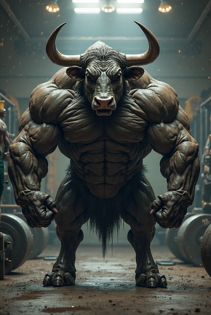 Muscular Bull: A bull with exaggerated and defined muscles, lifting weights on their horns.