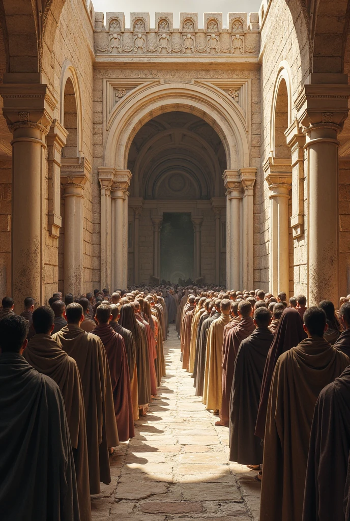 A large stone esplanade, with several Jewish pilgrims dressed in robes and cloaks walking around the place in different directions, and parallel to the esplanade a long stone wall with Corinthian style stone columns