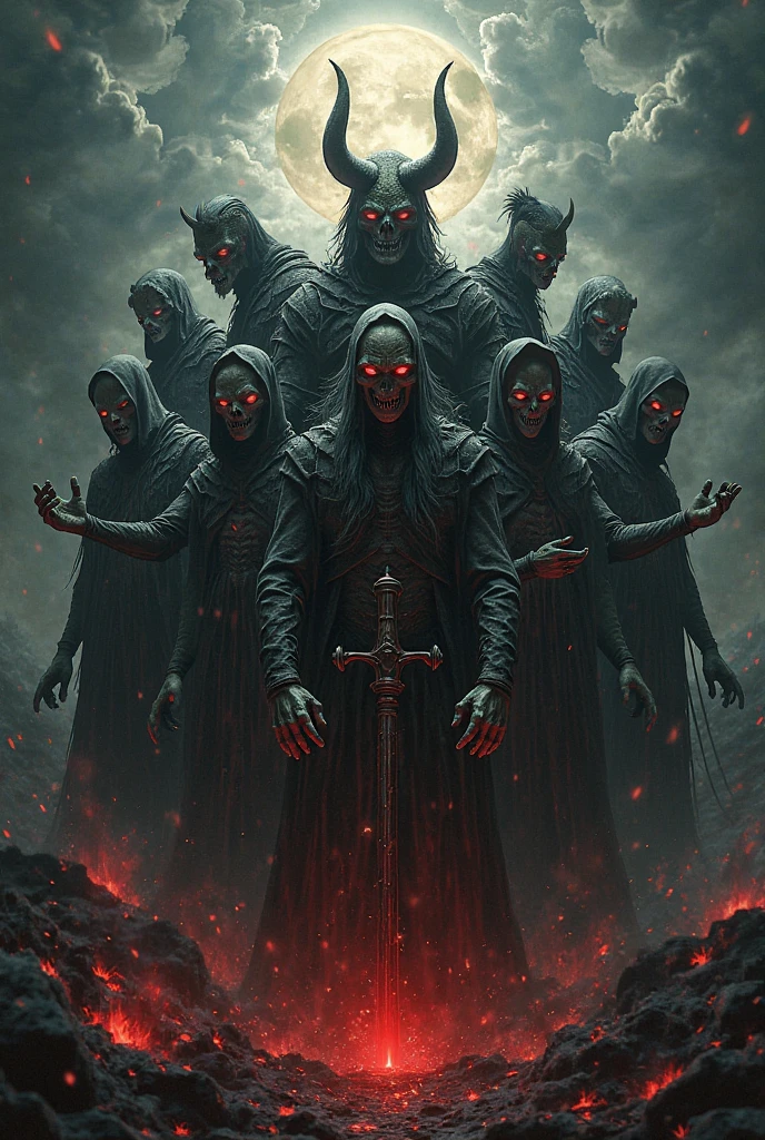 "A haunting portrayal of souls in torment, trapped in a bleak and fiery abyss. Flames flicker ominously in the background, casting eerie shadows on the faces of the damned. Each figure is depicted in a state of perpetual agony, surrounded by swirling smoke and flames. Their expressions convey intense suffering and hopelessness, as they experience the full weight of eternal punishment. Above them, dark storm clouds gather, symbolizing the absence of divine grace and mercy in their eternal state."