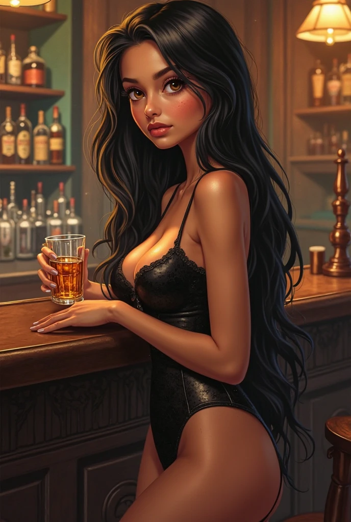 a woman with long dark hair to her shoulders, brown eyes, thin lips, round face, large breasts, sitting comfortably on a sofa in the living room drinking a beer, bottles beside her, highly detailed art