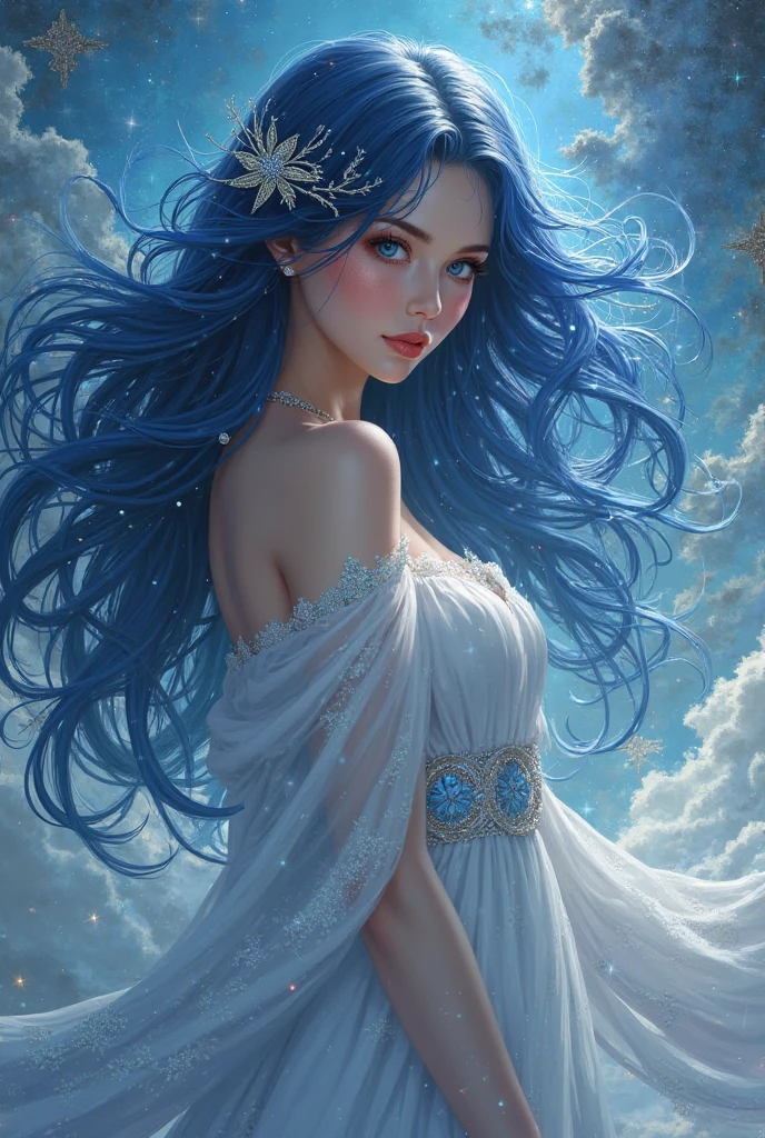 A cloud goddess with long blue hair pair with her green and blue arm rope and her green eyes with dark Blue dress, wearing makeup on her face, her skin is white as cloud standing beside a clouds