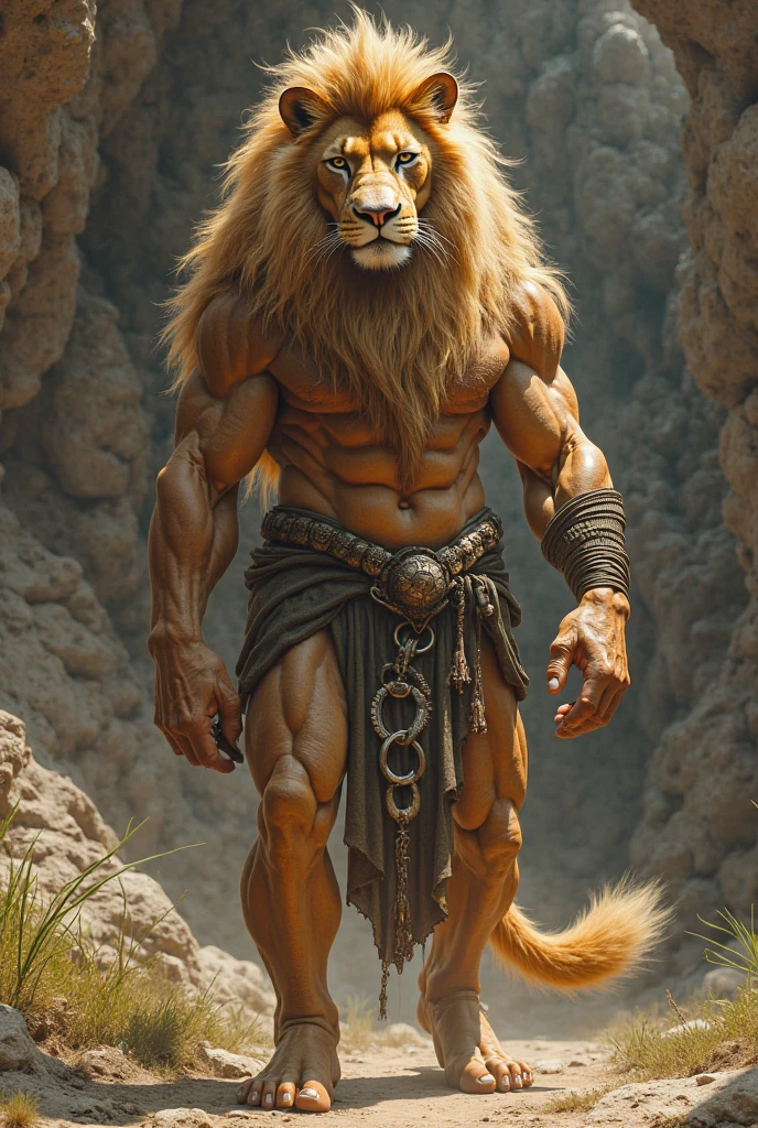 Create for me a lion with the body of a very muscular man with a spear in his hand, looking like a warrior., as if you were running ready for battle in one of those Spartan war scenarios I ask that you do it with great wealth of detail and realistic as if it were a movie
