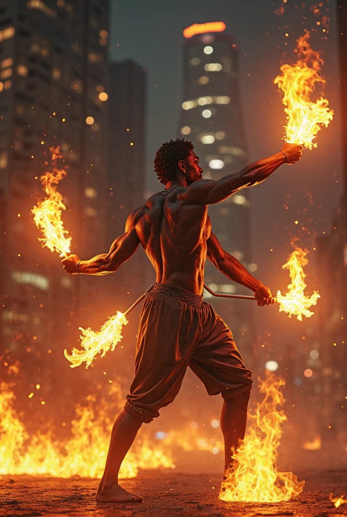 A muay thai fighter giving a knee strike and instead of a head he has a skeletal skull on fire