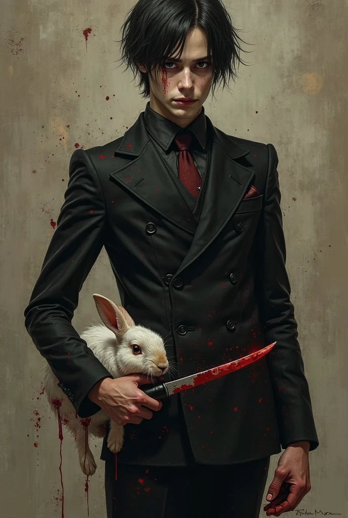 Top quality, masterpiece, high resolution a mysterious man with suit, is wearing beret on his head, holding a knife full of blood, blood dripping from the knife