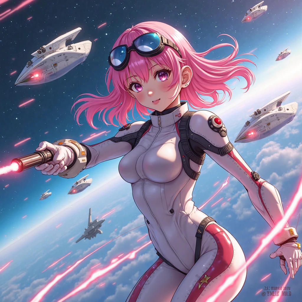 RAW Image Quality, A super cute girl is wearing a pink jacket armor, Mechanical Wing, Space War Background, Rainbow Aura Body, Supernova Power, Light blue hair, Red eyes, Perfect body, sexy, Neon glow, Beam sabre, sad mood, Very detailed, Preparing for battle, mecha musume, Beautiful Eyes, Detailed face,