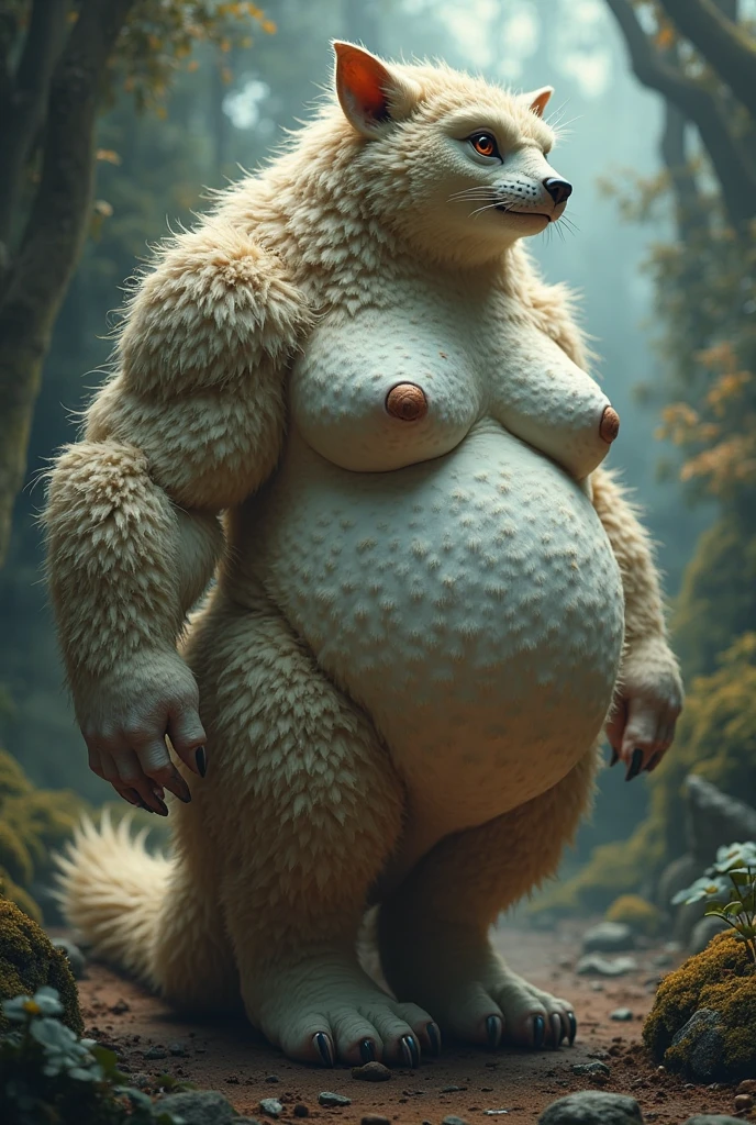 ultra-detailed, masterpiece, masterwork, high quality, best quality, hdr, nature, forest, nsfw, (solo), female, dragon, chibi, (red little body minotaur), (nude), (chubby body), (long golden hair), (yellow eyes), standing, front view, dynamic angle, (foreskin, detailed penis, perfect balls), (panties aside), erection, precum