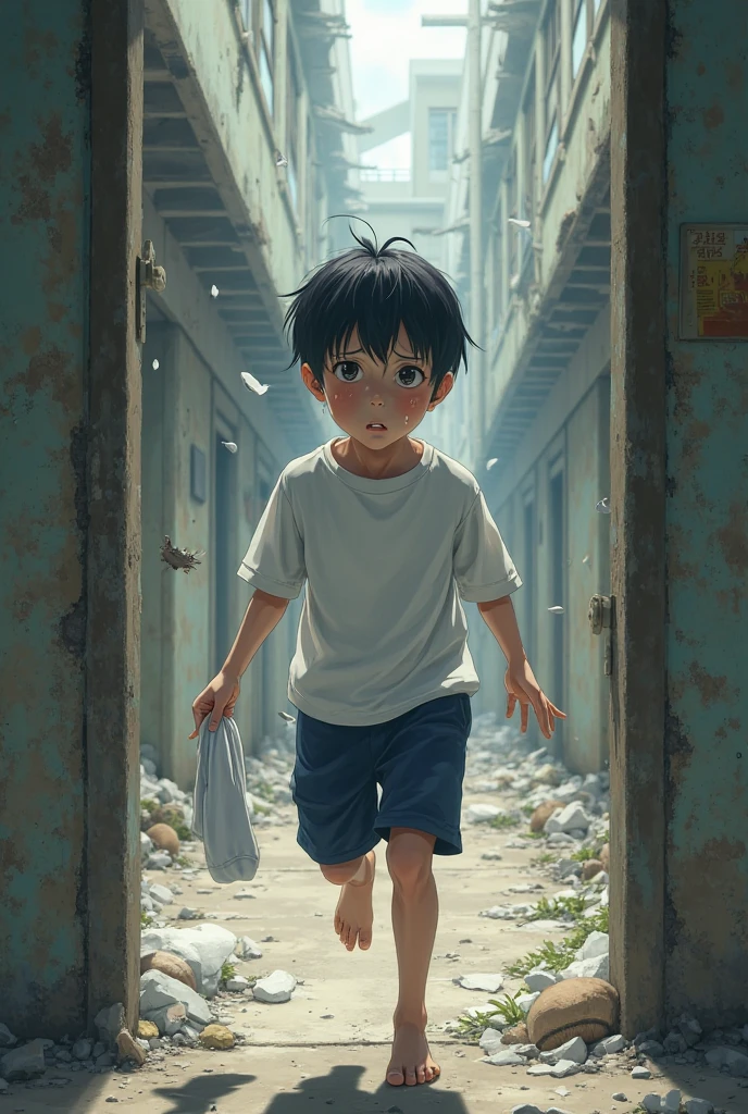 A small boy standing in an abandoned fishing village, with a polluted ocean behind him, a face filled with helplessness and anger, ,in the style of the stars art group xing xing, 32k, best quality, masterpiece, super detail, high details