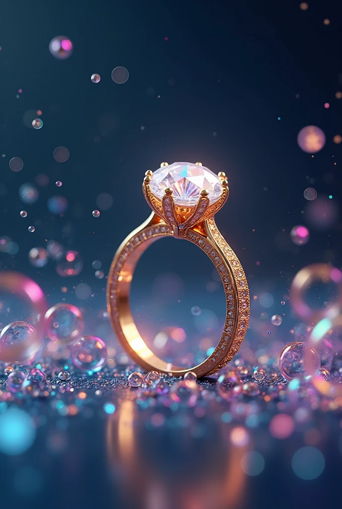 There is a diamond ring hanging in the middle of the picture, the main body is floating on the water, light pink smoke, spotlight, light blue and pink background, exquisite, precision, high detail. Perfect lighting. 8k, super clear and super noise reduction