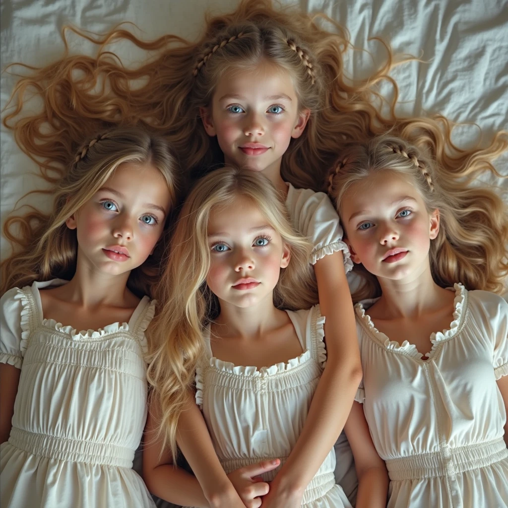 Three beautiful female older children, happily smiling, long blonde hair, wearing pink silk pajamas, laying together on giant bed, eyes open and looking at camera, viewed from above, photorealistic, ultra detailed, 8k, extreme skin detail