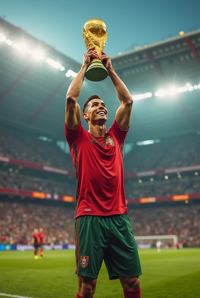 Celebration after a Goal** :
   "cristiano Ronaldo levant les bras au ciel, celebrating after scoring a decisive goal. His radiant smile and the energy of the supporters around him create a festive atmosphere.. Keywords : cristiano.maillo Portugal.number 7 standard mode ;4hd