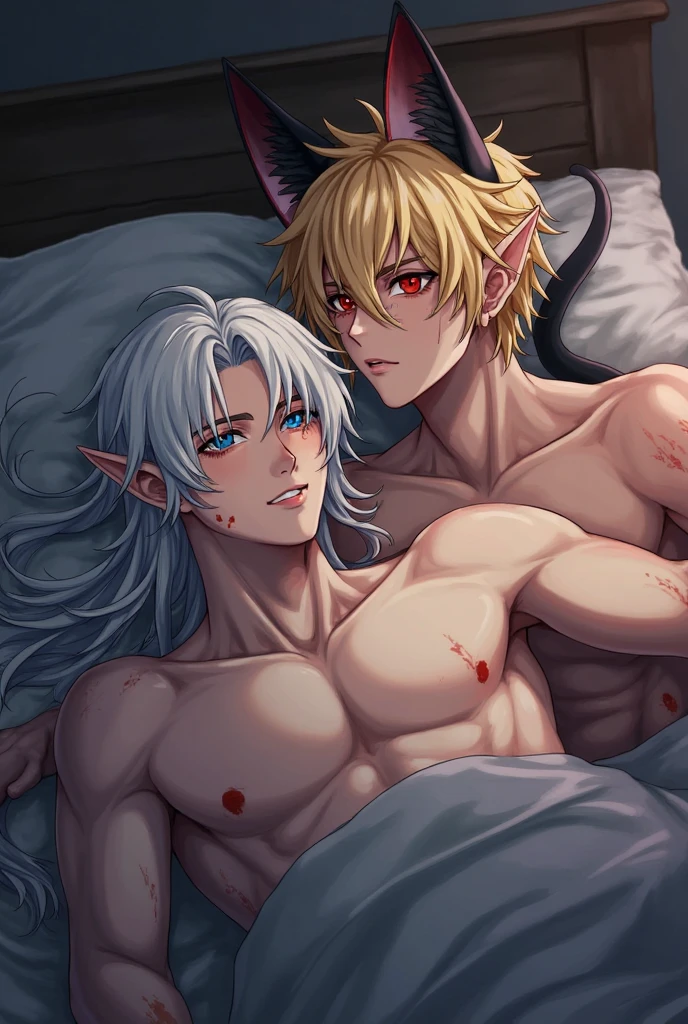 beautiful eyes,{best quality}, {very aesthetic}, {ultra-detailed}, {best illustration}, {{2boys}}, beautiful eyes,bl, Boys love,Two sexy boys have anal sex,(Fox ears),open mouth,((otoko no ko)),(silver long hair),nsfw,anal sex,Fully nude,pale skin,teen ager, cum in ass,bukkake,Medically correct human body,flat chest,all fours