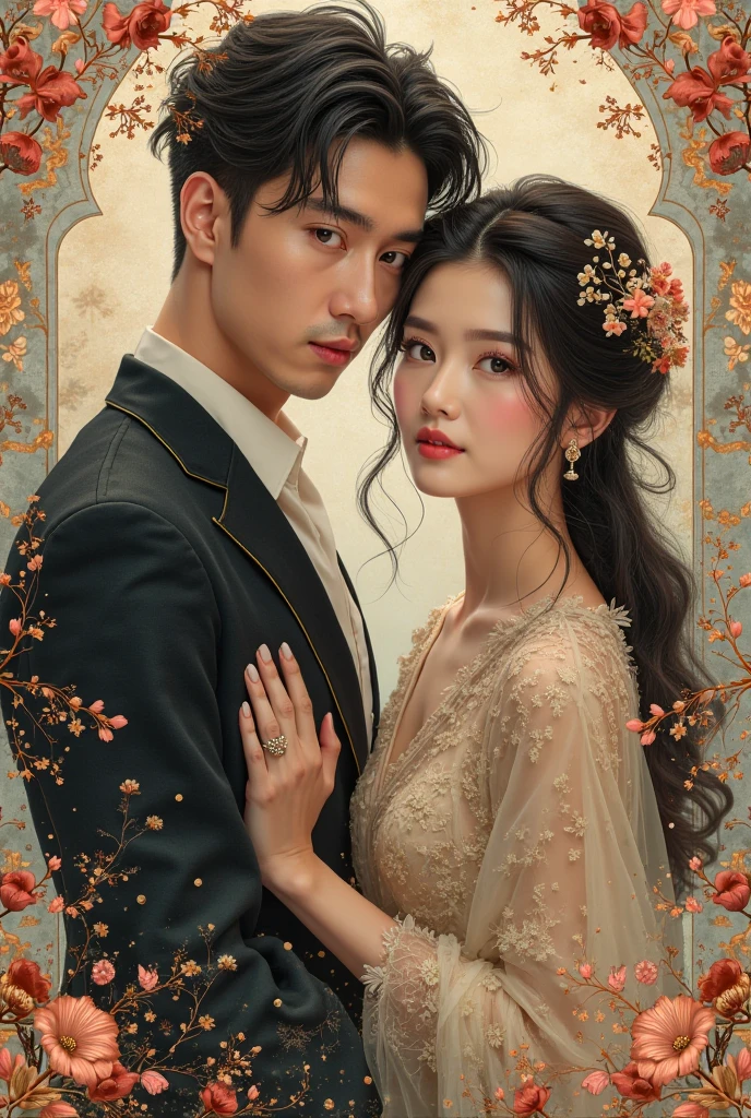 1 couple，Hug together，a young man and a woman，high high quality，tmasterpiece，tmasterpiece，exquisite facial features，Delicate hair，Elaborate Eyes，Delicate colored hair，4k画质，Brilliant light and shadow，dingdall effect，The halo，messy  hair，young country，Gorgeous scene，dress nicely，锁链，merit，Ancient Chinese beauties with big eyes and rich details，digitial painting，art  stations，concept-art，Clear focus，Lighting，Greg Rutkoski、Artwork by Alphonse Mucha and Victo Ngai，facing at the camera