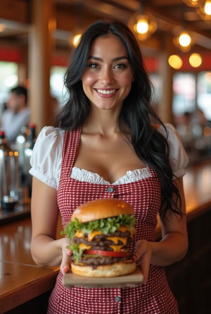 (extreme wide shot:1.3),(burger joint in the background:1.5),(Burgers and fries on a tray:1.2),(huge breast:1.6),(Maid's uniform
:1.3),(super highponytail hair),(forehead),Bohemian Earrings,grin,darkskinned,top-quality,(((masutepiece))),8K,Photorealsitic,thai Women:1.7,(thin eyebrows),(pink lips:1.3),(Detailed Background:2),