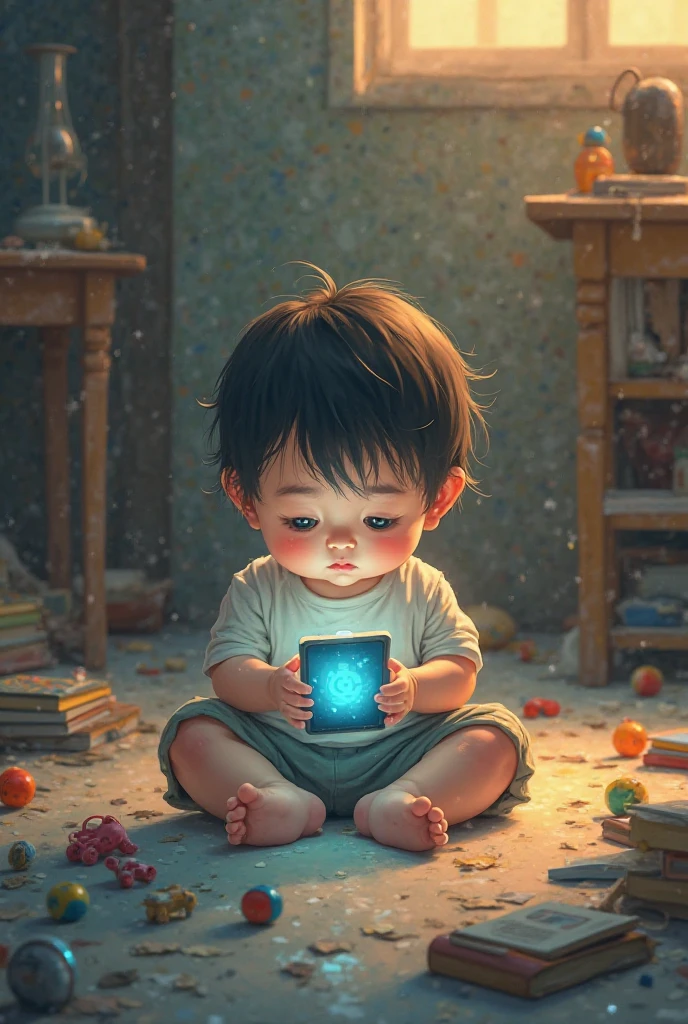 A child addicted to cell phones in the Mario Kart graphic
