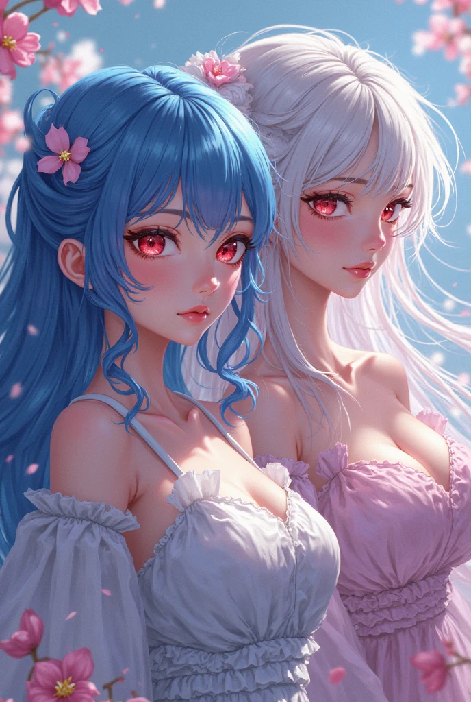 futanari, solo, hands on thighs, long hair, penis, nsfw, cum, girl, oil painting style, 2.5d, two colours hair, half pink half blue hair, teasing, laying, throbbing cock, flowers bikini top, bottomless