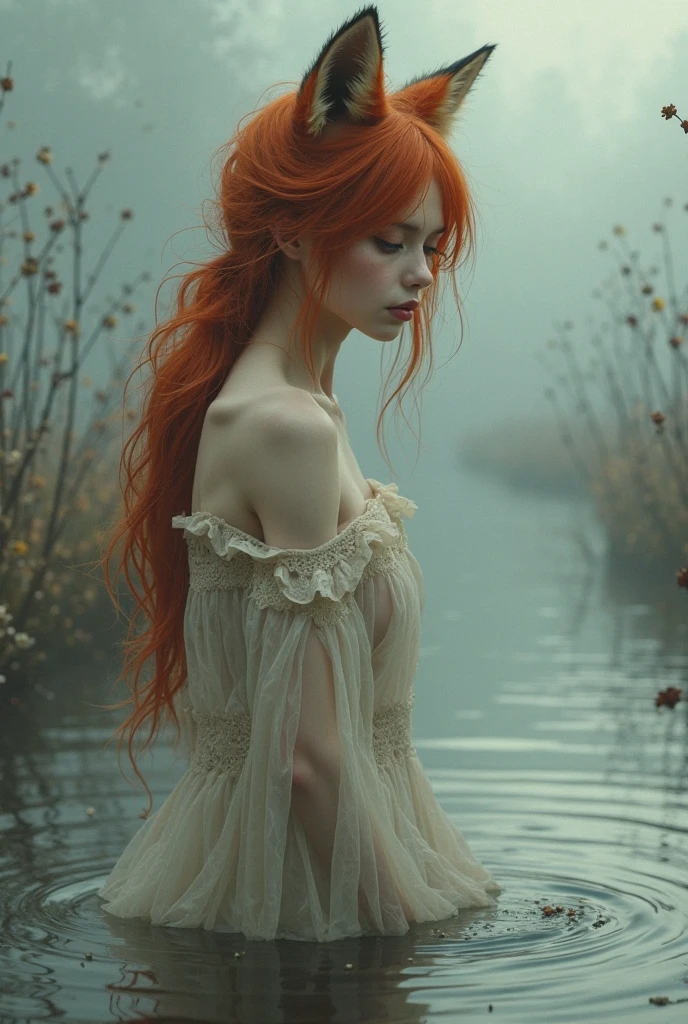 20 years old,break, 8K, Best Quality, 1girl, (skindentation), Night, (Dark), outdoors dark forest, Gorgeous, (Middle-earth, long dress),Soft Lighting, Attractive, (Mouth Closed, Beautiful Eyes, Detailed Eyes, Detailed Iris, Beautiful Lips, Beautiful Nose, Beautiful Face), full body, inside a frozen river, snowing,, morning mist, winter, redhead