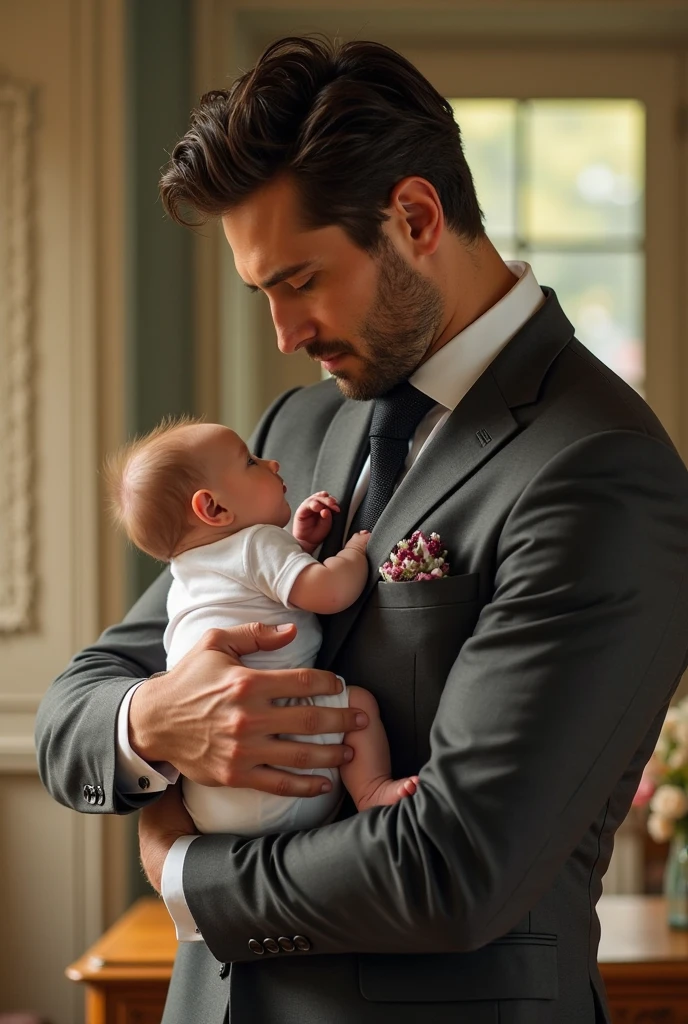 a handsome man, at thirty-seven years old, blond, straightened hair, blue eyed, manly face, serious expression, wearing a suit and tie, and dress pants, carrying a baby . Full-body image. perfects eyes. handsome man cute baby, perfects eyes