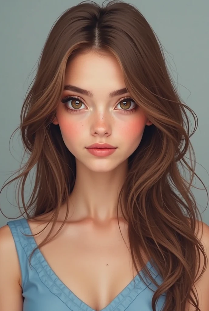 (Masterpiece, best quality, photorealistic, highres, photography:1.3), close-up portrait, sharp focus, 1 brunette girls, European fashion models, flawless skin, slim feminine appearance, flat abdomen, slender abs, cleavage, messy long hair, detailed hair strands, delicate sexy face, allure look, ((detailed makeup)), outdoor fashion photoshoot, standing pose, ((realistic, ultra realistic, realism, realistic detail)), freckles, blush, brown hair with blonde streaks